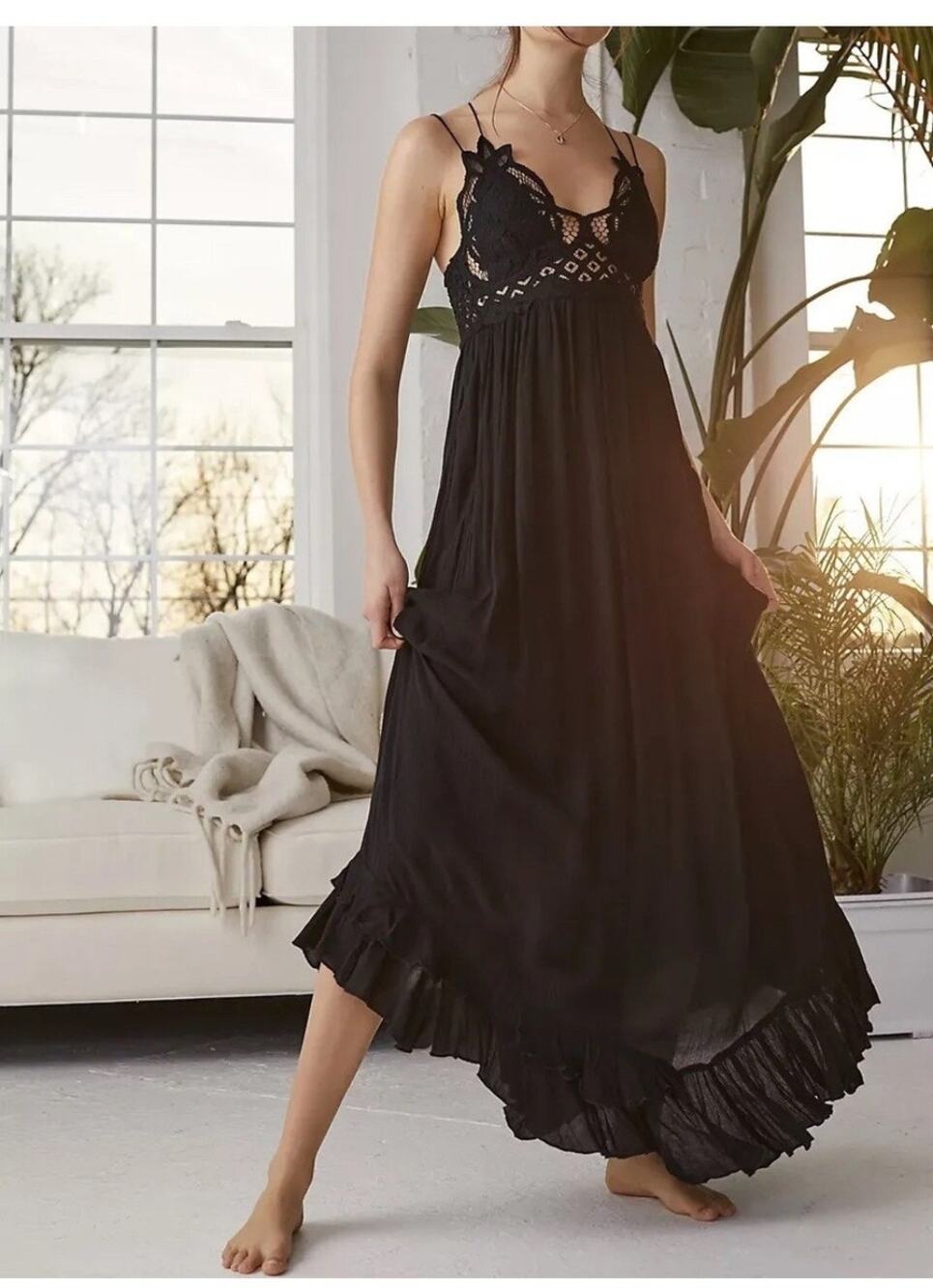 Free People Adella Maxi Slip Dress Black Boho Crochet Lace Tiered Ruffle Size M